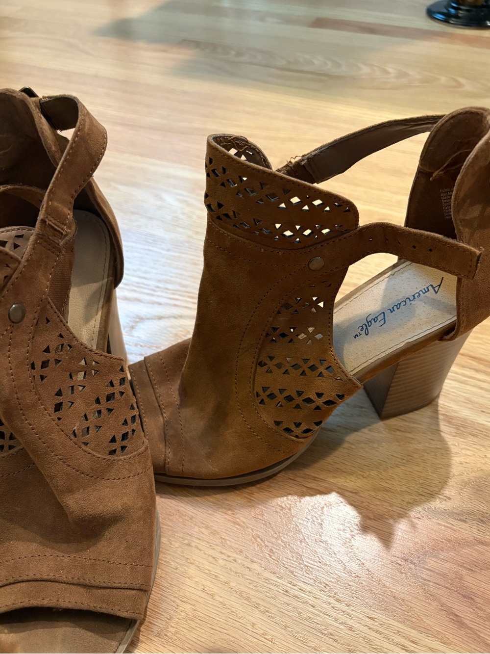 American Eagle Outfitters Tan Suede Laser-Cut Block Heel Sandals